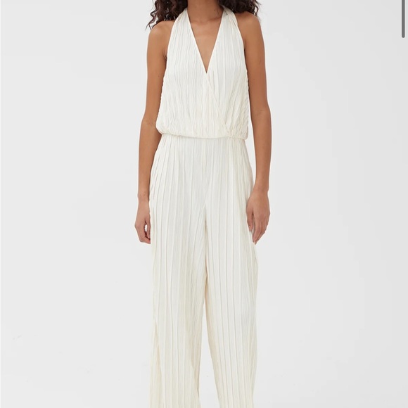 CREAM HALTERNECK PLISSE WIDE LEG JUMPSUIT - Picture 1 of 4